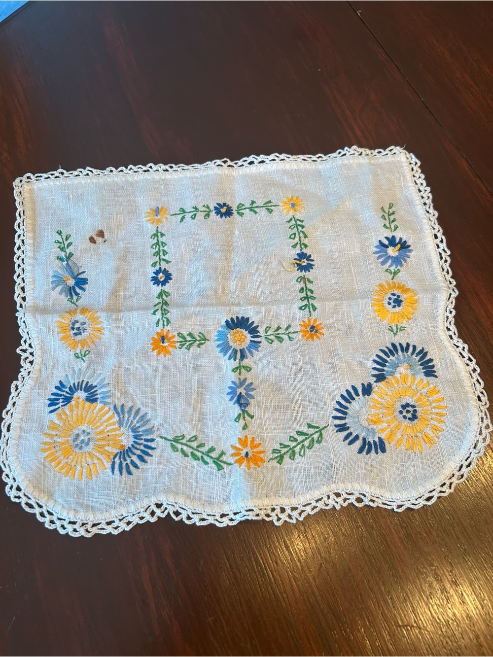 Hand‑Embroidered Blue & Yellow Floral Linen Doily 11 by 12 in